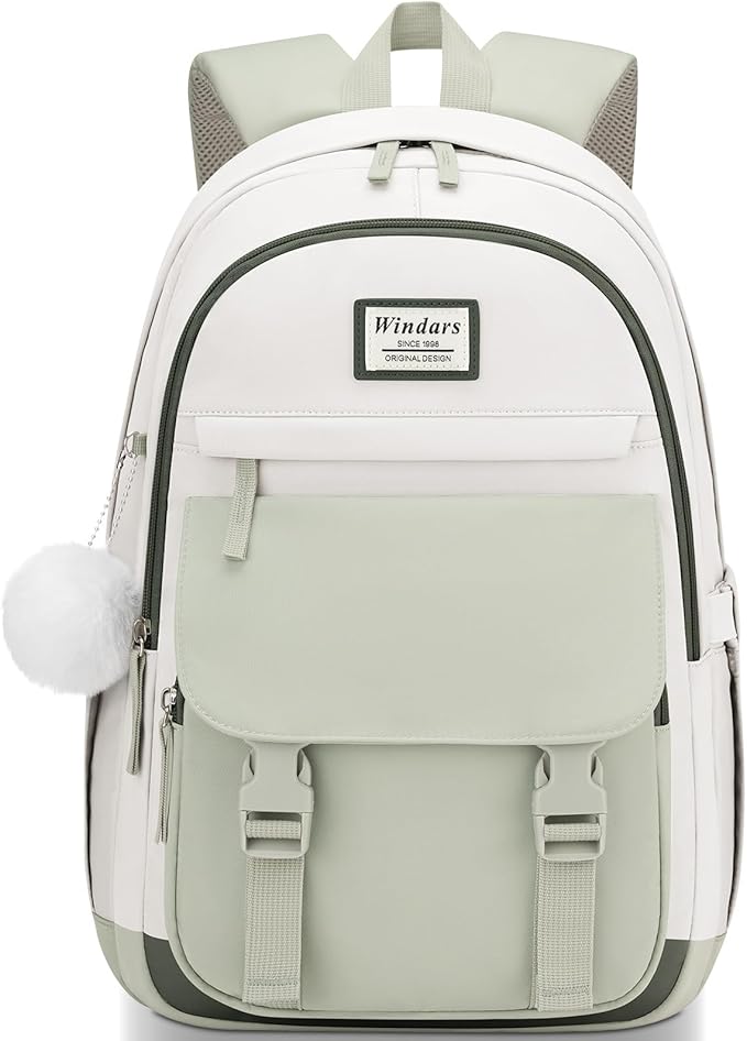 School Backpack for Teen Girls, Cute College Backpacks for Women Students Aesthetic Bookbag Large 15.6 Inch Laptop Bag Middle School Travel Back Pack (Beige-Green-Dark Olive Green)