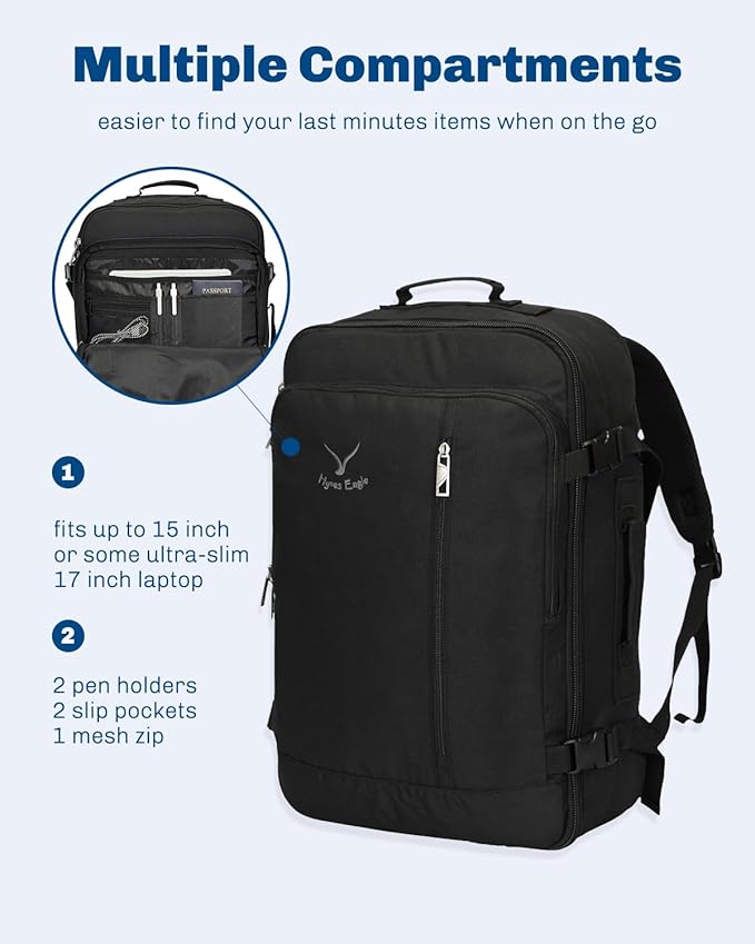 Hynes Eagle Carry on Backpack 38L Large Travel Backpack for Women Flight Approved Weekender Bag Laptop Backpack Men 15 inches Black 2023