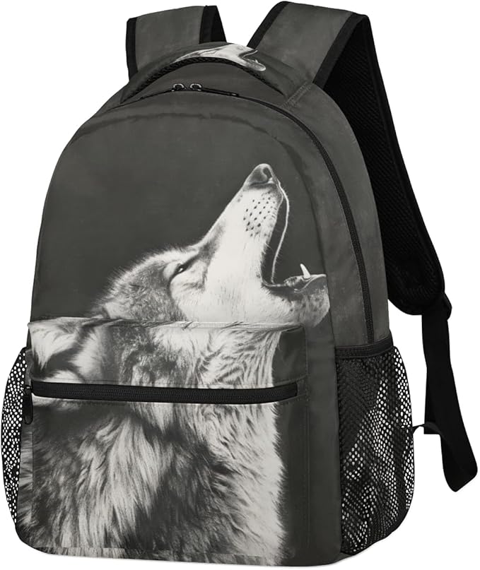 Pardick Howling Moon Wolf Backpacks for Boys Girls Kids Grey Wolf Lightweight 16 Inch School Backpack Laptop College Bookbag Travel Casual Daypack Hiking Camping Computer Rucksack Medium