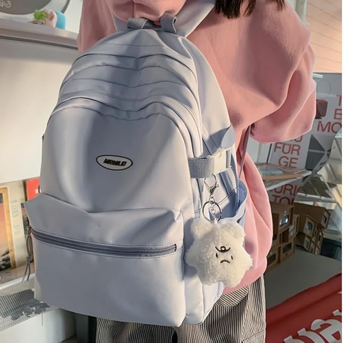 Kawaii Backpack with Cute Accessories Casual Aesthetic Daypack Simple Laptop Bag Waterproof Travel Rucksack for Women (blue)
