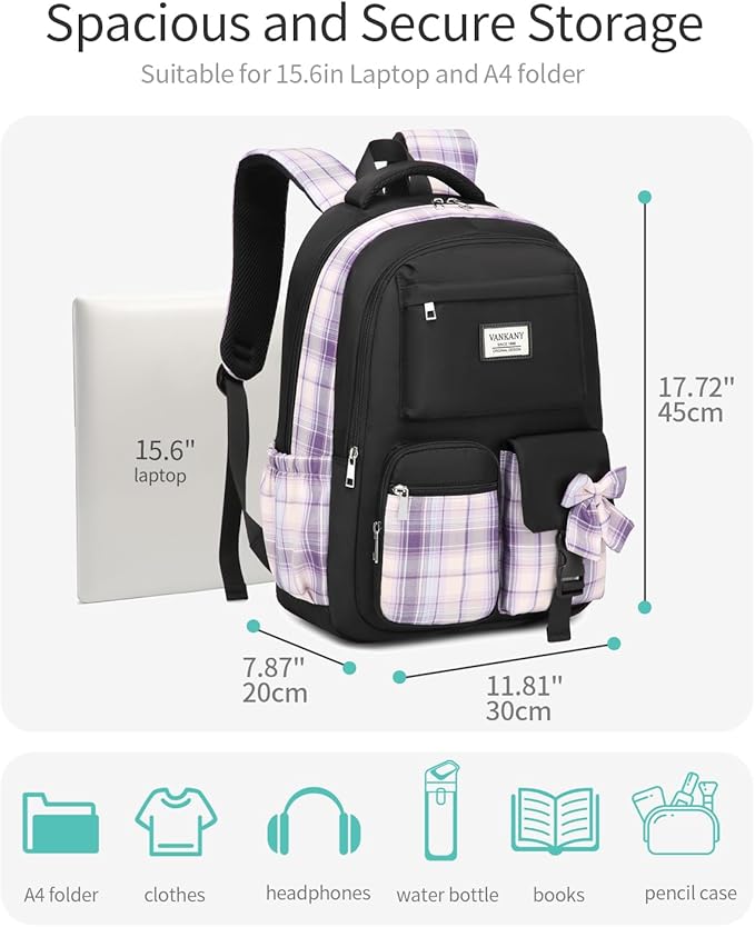 Girls Backpack Teen Girls Bookbag, Big Student School Backpack for Middle High School College Women Cute Schoolbag for Kids Teenage Back Pack (Black Purple)