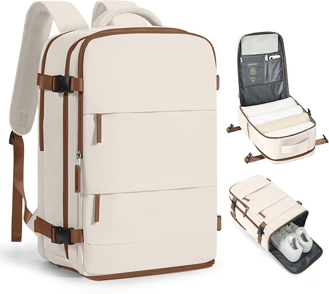 Travel Backpack Carry on Flight Approved Mochila De Viaje Personal Item Backpack for Airlines Frontier Airlines Personal Item Bag Large Backpack for Travel Backpacks for Men Women Beige with Brown
