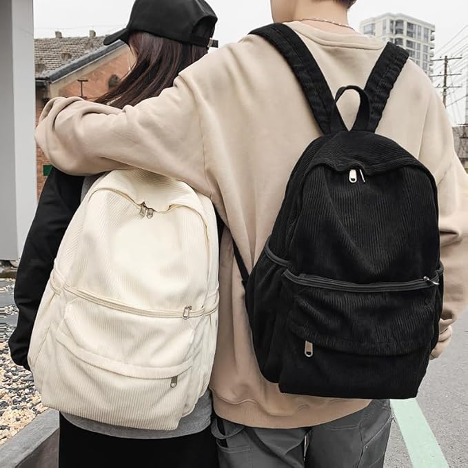 Aesthetic Backpack Cute Backpack Corduroy Backpack School Supplies Laptop Bag for Teens Girls Women Students Solid Color(Black)