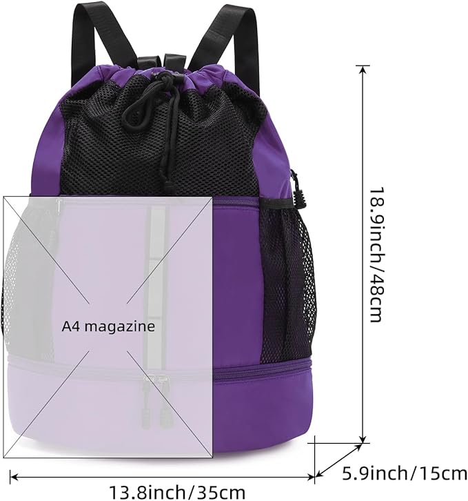 Valleycomfy Drawstring Gym Bag Sports Backpack With Shoe Compartment and Reflective Strips Purple