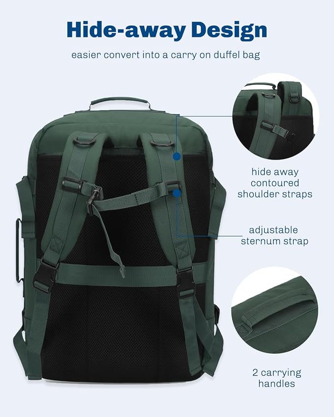 Hynes Eagle Carry on Backpack 38L Large Travel Backpack for Women Flight Approved Weekender Bag Laptop Backpack Men 15 inches Oliver Green