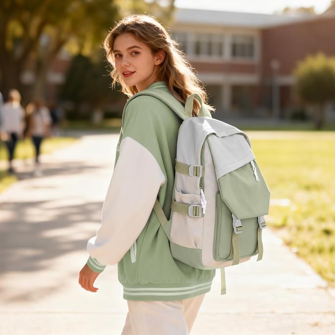 coowoz School Backpack Kids College Aesthetic Cute Backpack Lightweight Casual Daypack Laptop Backpacks Men Women Rucksack Sport High Middle School Bookbag for Girls Boys Gray Green white