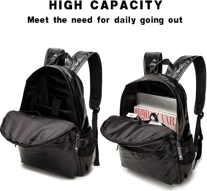 Leather Laptop Backpack for Men Women, School College Bookbag Casual Travel Daypack (Black)