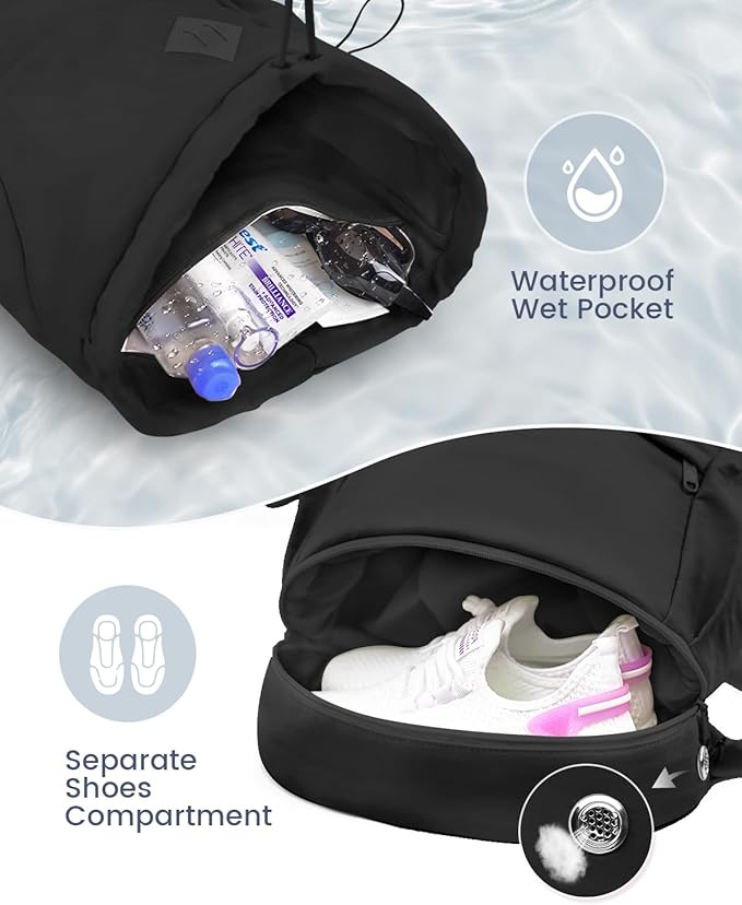 Drawstring Backpack Sports Gym Bag with Shoe Compartment and Wet Pocket String Swim Bag for Women Men Beach Backpack, Black
