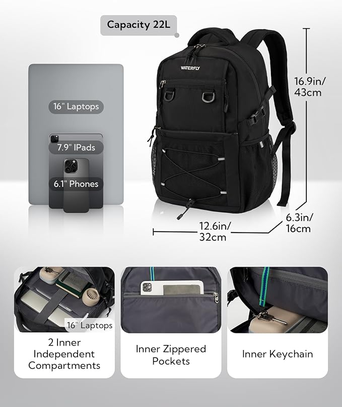 WATERFLY Travel Hiking Casual Backpack: 22L Lightweight Everyday Outdoor City Daypack College Bookbag for Women Men