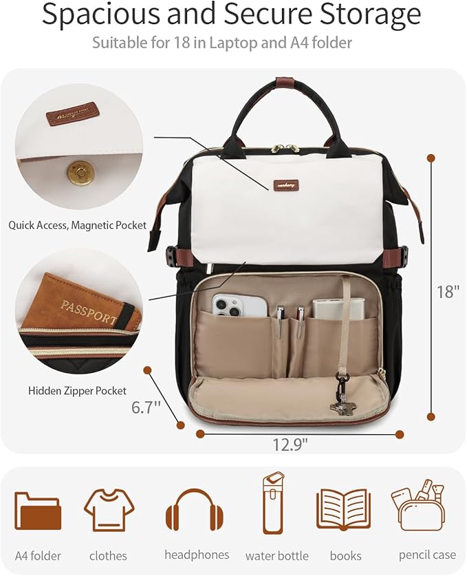 18in Computer Backpack for Women, Work Bag Laptop Bookbag with Cup Holder & USB Charger for Teacher Nurse College Travel Back Pack, Gifts, BlackWhiteBrown