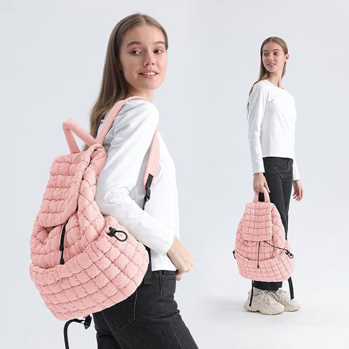 VAKAER Puffer Backpack for Women Lightweight Quilted Hiker Pack Drawstring Padding Backpacks for Travel Gym (Pink)