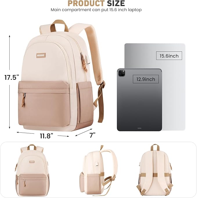 School Backpack for Teens Girls, Cute Student Bookbag Large 15.6 Inch Laptop Bag Aesthetic College Backpacks for Women High School Travel (Khaki Beige)