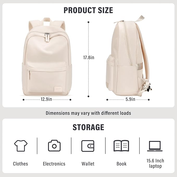 HOMIEE Lightweight Casual Laptop Backpack Fits 15.6 Inch Computer, Water-Resistant Small Daypack Cute Unisex Bookbag for Teen College Work Travel, Beige