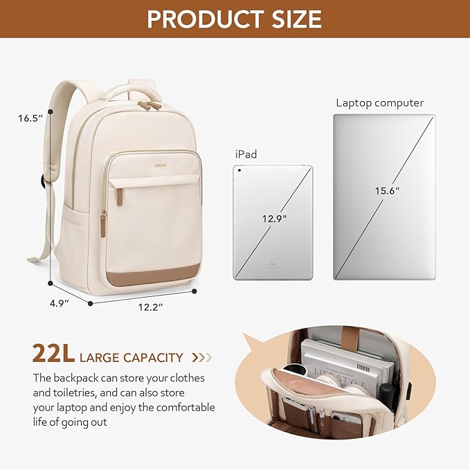Laptop Backpack for Women,Travel Backpack with Laptop Compartment,Casual Daypack College Bookbag Computer Work Backpack,Beige