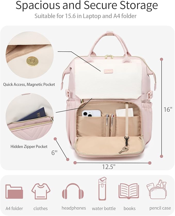Computer Backpack for Women, Work Bag Laptop Bookbag with Cup Holder & USB Charger for Teacher Nurse College Travel Back Pack, Gifts, Beige Pink