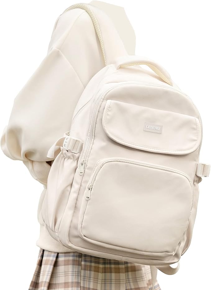Cute Middle School Backpack For Teen Girls,Waterproof Casual Bookbags,Lightweight Travel Daypack,Basic Laptop College Backpack For Women(White)