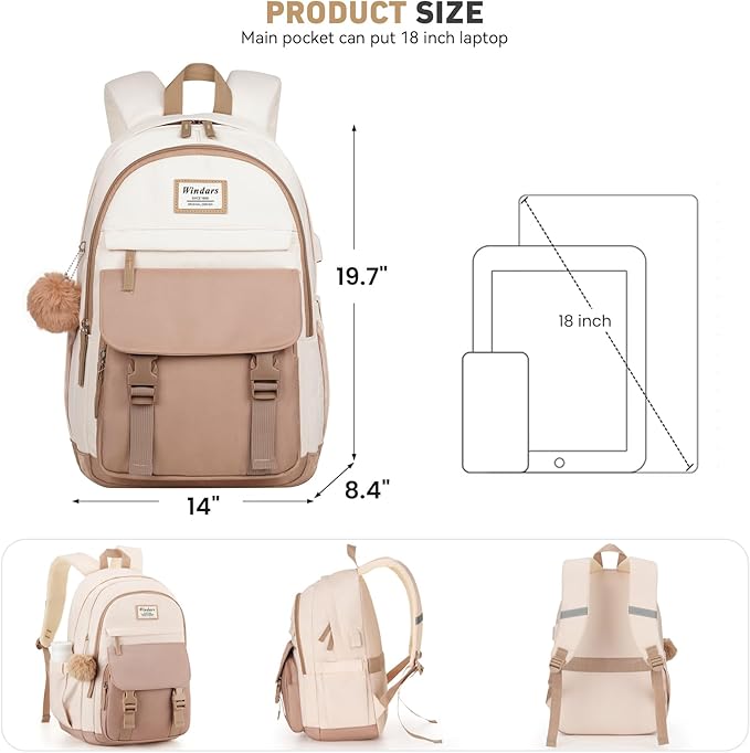 School Backpack for Teen Girls, Cute College Backpacks for Women Students Aesthetic Bookbag Large 18 Inch Laptop Bag Middle School Travel Back Pack (Beige Khaki)