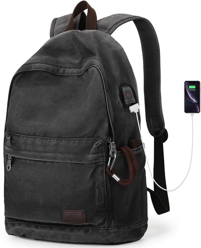 Muzze Canvas Backpack for Women and Men, Lightweight Classic Laptop Backpack with USB Charging Port for School, Travel and Daily Use, Black