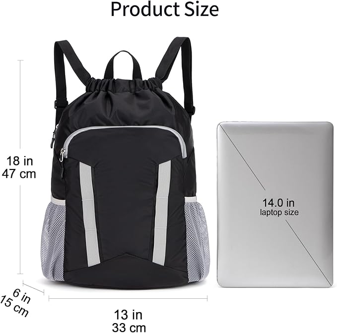 Drawstring Backpack for Kids Sports Gym Bag with Shoes Compartment, Water Resistant Beach Swim Bag String Backpack for Boys and Girls, Black