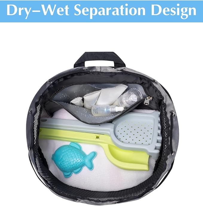 Drawstring Backpack Sandproof Beach Backpack with Shoe Compartment & Wet Pocket Waterproof Mesh Swim Bag Pool Bag for Gym, Travel and Workout Gear (Grey)
