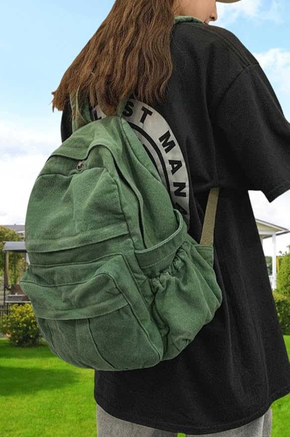 Green Canvas Backpack for Women Retro Aesthetic Rucksack Basic Backpack for High School/College Students Travel Laptop Bag