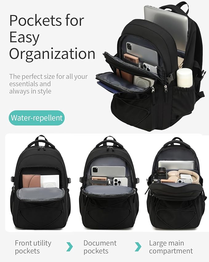 Black Backpack for Teens, Girls School Bookbag Aesthetic 15.6in Laptop Backpack for Commuter Women Students Middle High School, Black