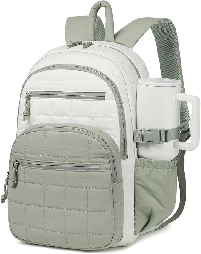 Quilted Bookbag for Women, College Laptop Backpack with Tumbler Holder Pocket for Nurse Teacher Work Travel, Puffer School Backpack for Teen Girls Big Student, White Green