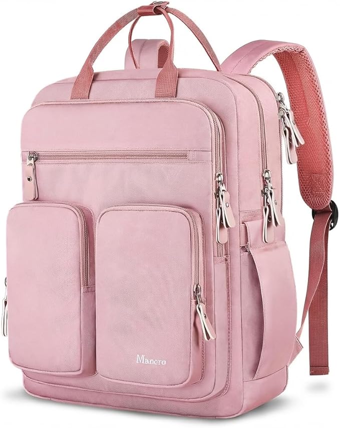 Mancro College Backpack for Women, 15.6 Inch TSA Laptop Bookbag with Mutiple Pockets, Large Capacity Book Bag for Teen Girl Students Casual Daypack Travel Backpacks, Pink