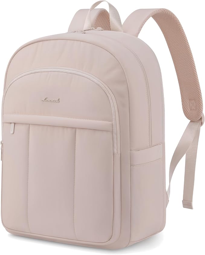 LOVEVOOK Laptop Backpack for Women, Puffer Travel Bag Fits 15.6 Inch Laptop, Lightweight Work Daypack for Teacher Nurse, Water-resistant College Bookbag, Ivory