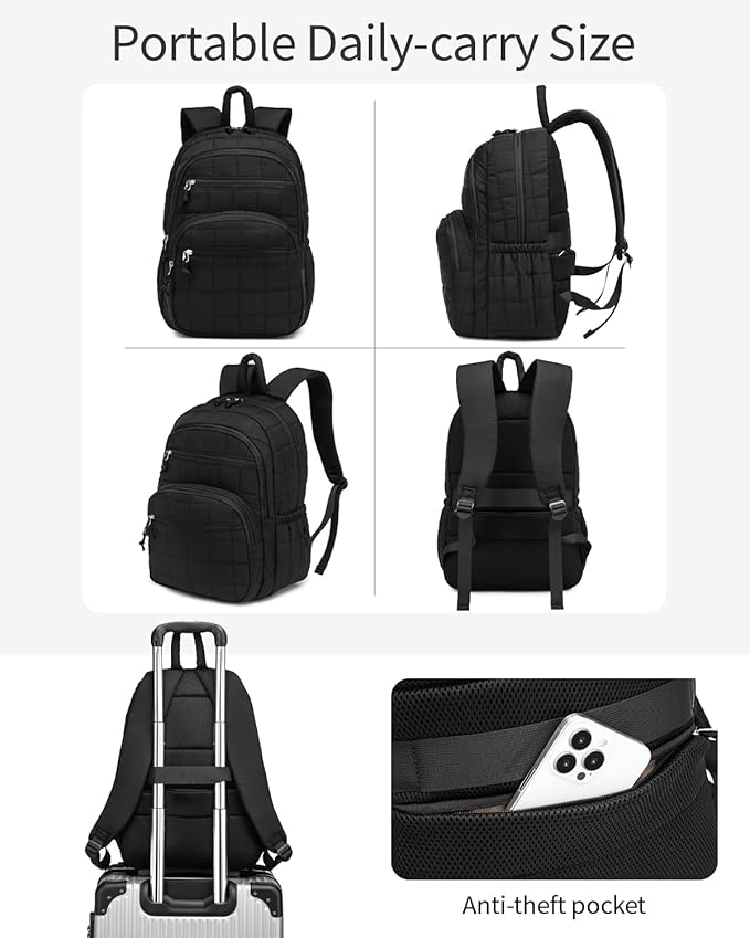 Bookbag for Women, Teen Girls Backpack for High School College Student, Puffer Quilted Back Pack Cute Laptop Backpack for Work Travel Mom Casual Daypack, Black