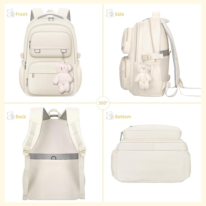 School Backpack for Kids Girls Cute Travel Backapck for College Women Men Casual Laptop Bookbag for Teen Student(Beige)