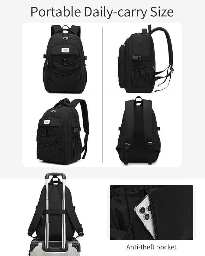 Black Backpack for Teens, Girls School Bookbag Aesthetic 15.6in Laptop Backpack for Commuter Women Students Middle High School, Black