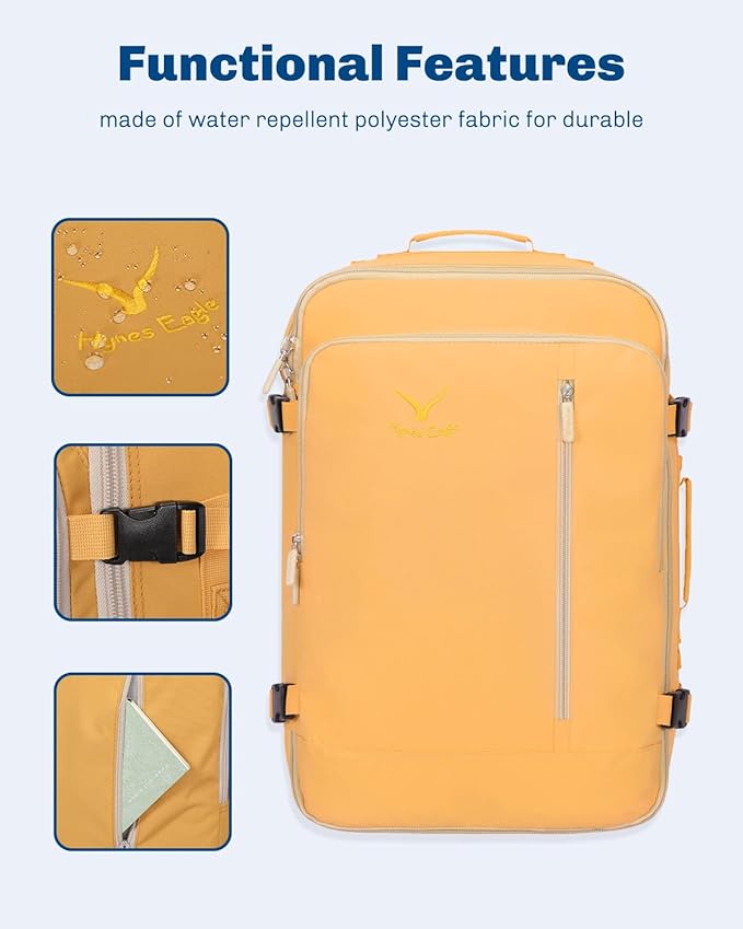 Hynes Eagle Carry on Backpack 38L Large Travel Backpack for Women Flight Approved Weekender Bag Laptop Backpack Men 15 inches Yellow