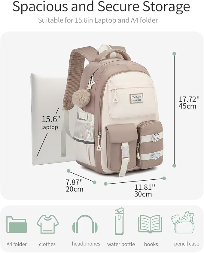 School Backpack for Girls, Cute Teens Backpack for Middle High School Student, Laptop Backpack College Women Bookbag for Teacher Travel, Khaki Beige
