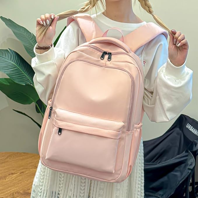 Cute College Backpack for School Aesthetic Backpack for Teen Girls Students Laptop Bag Large Capacity Bookbags Kids Travel Lightweight Backpacks for Casual Daypacks School Bag Solid Color(Pink)