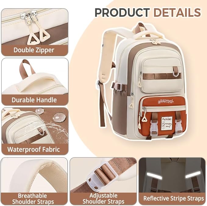 Cute Aesthetic Backpack for Women College Laptop Backpacks Kawaii Preppy Multiple Pockets Anti Theft Waterproof Large Daypack (Khaki)