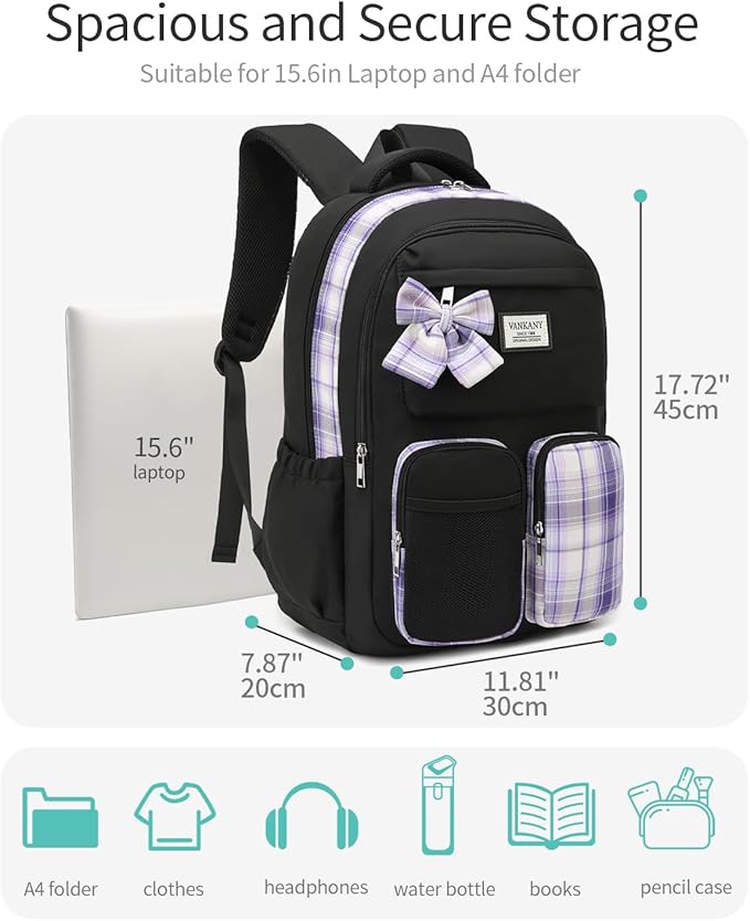 School Backpack for Teen Girls Cute Bookbags Middle High School College Laptop Bags Women Travel Teenage School Bag Daypack, Black Purple