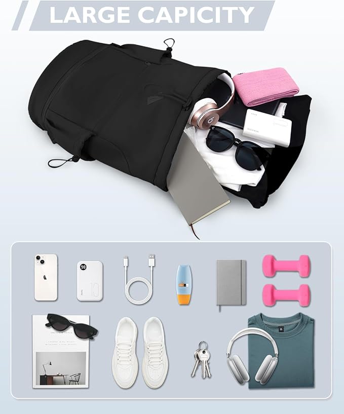 Drawstring Backpack Sports Gym Bag with Shoe Compartment and Wet Pocket String Swim Bag for Women Men Beach Backpack, Black