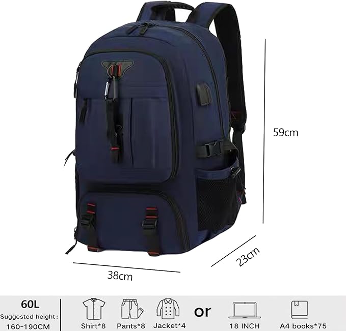 DUSLANG Travel laptop backpack, Extra Large 60L Traveling College Backpack,Large Capacity Backpack for Men Women,Fits 17 Inch Computer, USB Charging Port, Blue