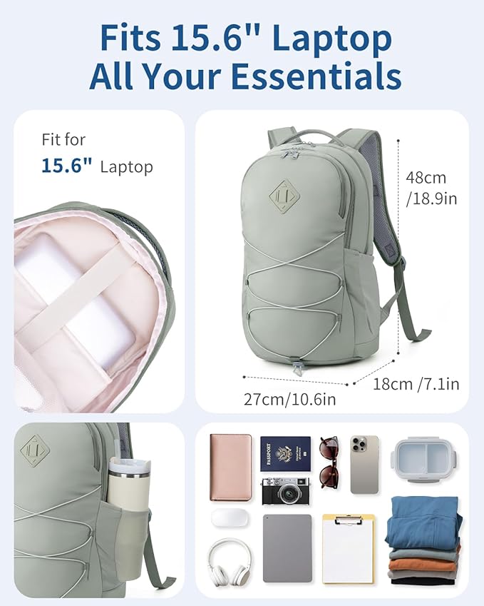 WANDF 15.6-Inch Laptop Backpack for Women, Travel Backpack Water-Resistant Lightweight College Backpack for Work Casual Business Weekender (Green) | Airline Approved, Water Resistant, Lightweight, Travel Bag, with Whistle Buckle