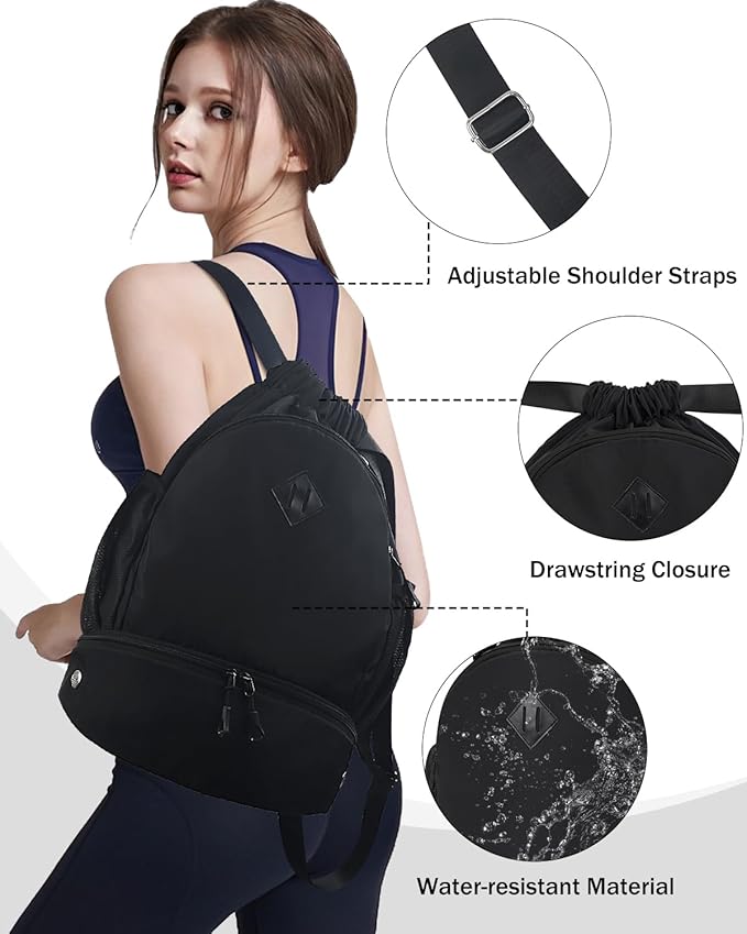 Drawstring Backpack Gym Backpack with Shoe Compartment for Men Women String Sports Bag with Wet Pocket Cinch Swim Beach Bag, Black (Patent Pending)