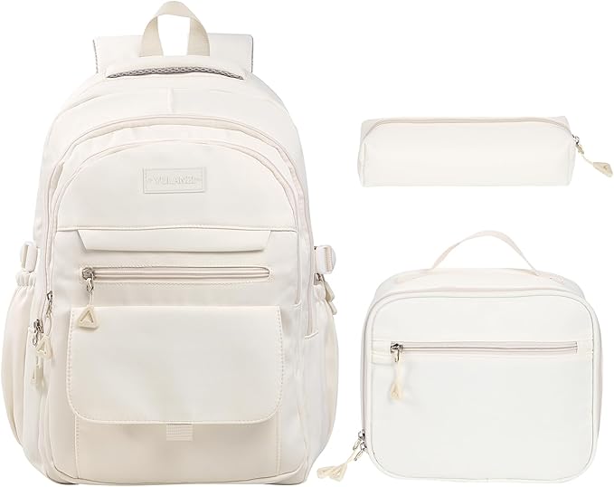 Phaoullzon Teen Girls School Backpack with Lunch Box for Boys, College Aesthetic Laptop Bookbag for Women,Beige