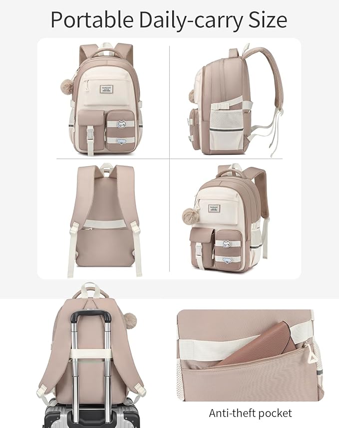 School Backpack for Girls, Cute Teens Backpack for Middle High School Student, Laptop Backpack College Women Bookbag for Teacher Travel, Khaki Beige