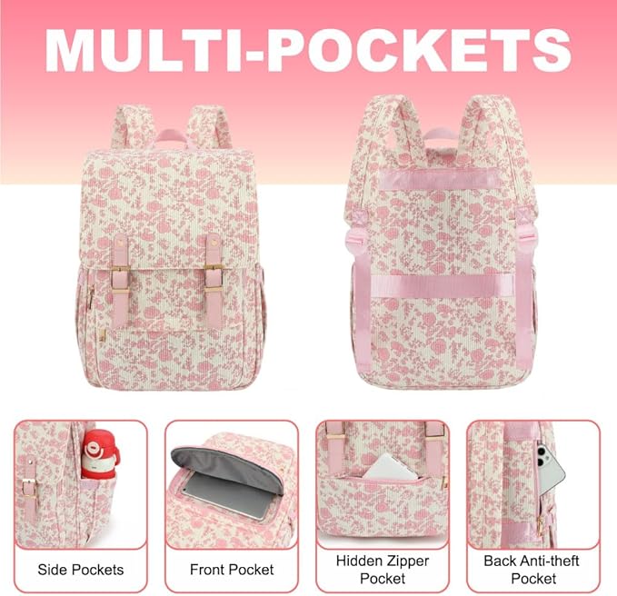 Women Laptop Backpack, Corduroy 15.6" Travel Backpack for Work College Business, Teacher Nurse Bag with Large Capacity School Bookbag Bags for Girls - Flowers Pink