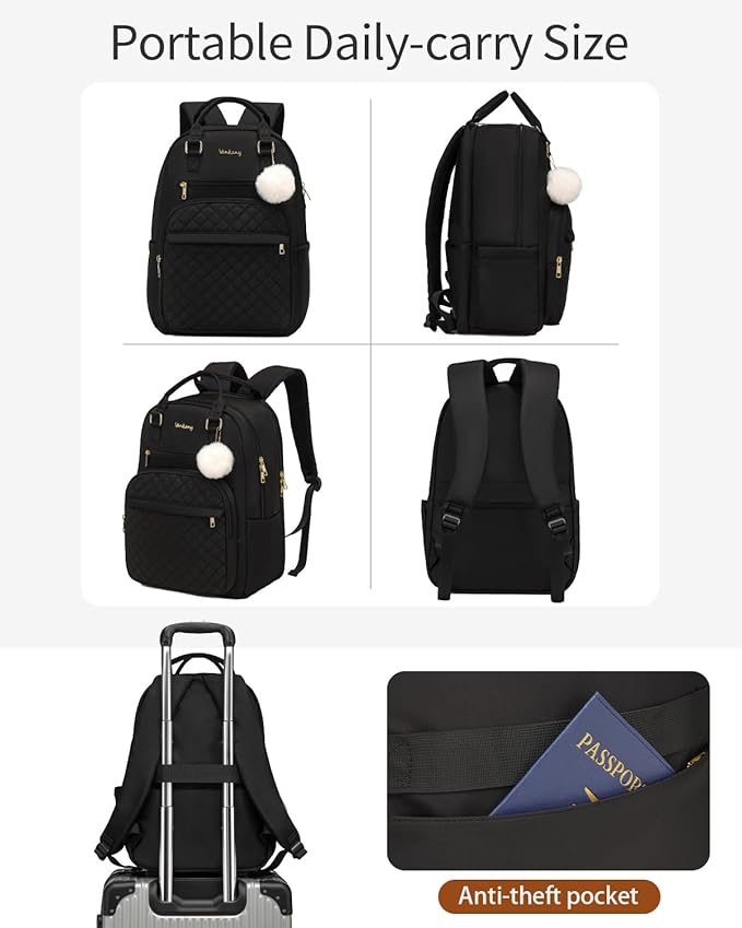 17.3in Women Laptop Backpack, Bookbag for Teen Girls Middle High School College Students, Teacher Work Bag Nursing School Bag, Black