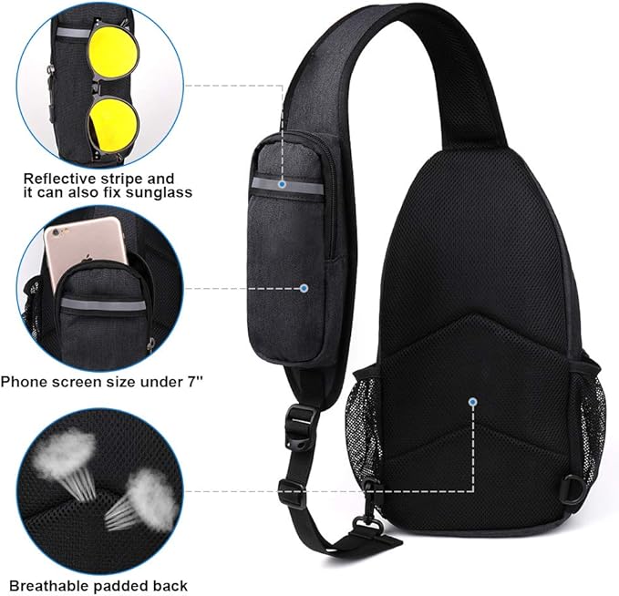 WATERFLY Crossbody Sling Backpack Sling Bag Travel Hiking Chest Bag Daypack (Black)