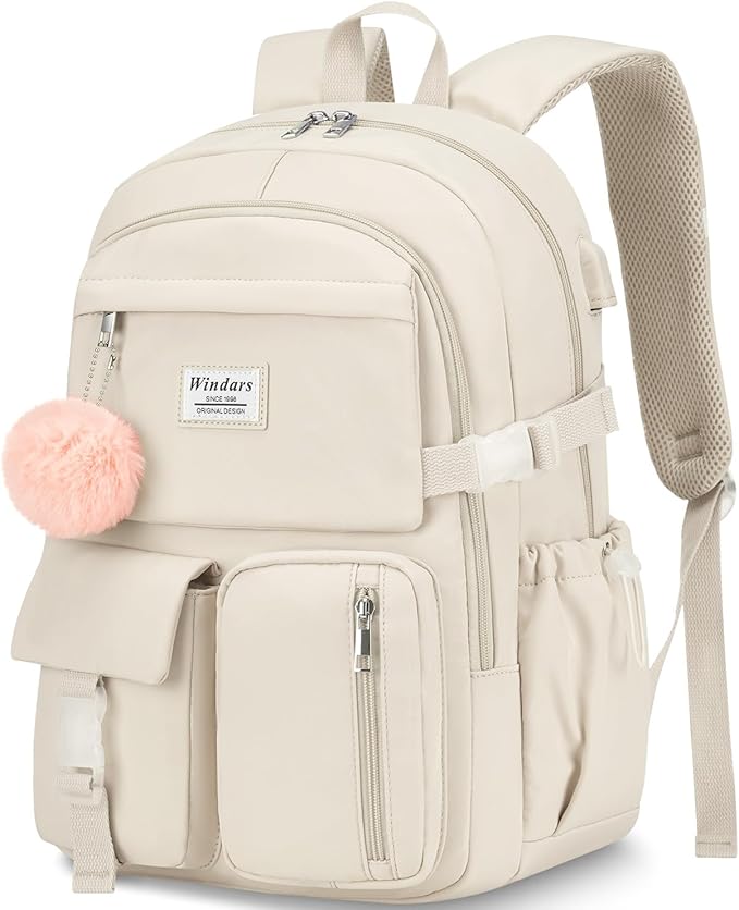 Backpack for Teen Girls, 15.6 Inch Laptop Backpack Cute Kids Bookbag for Middle School College Students, Large School Bag for Women (Beige)