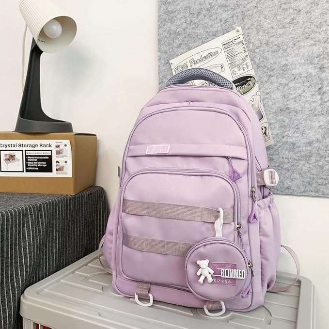 Cute School Backpack for Teen Girls Backpack for School Aesthetic College Backpack for Kids Students Large Travel Laptop Capacity Casual Daypacks Solid Color(Purple)