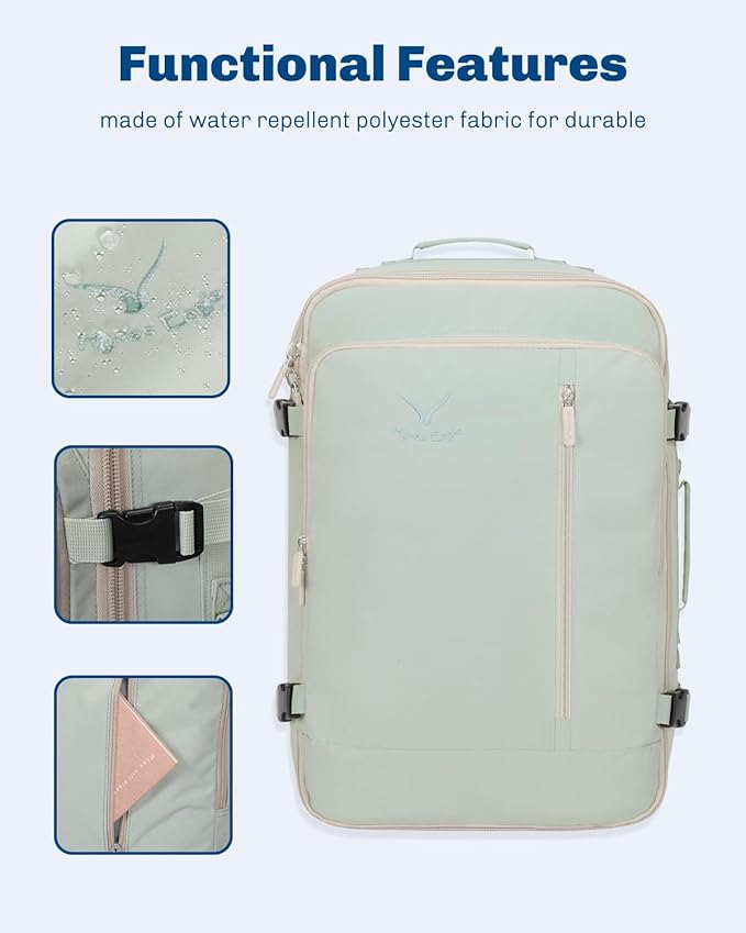 Hynes Eagle Carry on Backpack 38L Large Travel Backpack for Women Flight Approved Weekender Bag Laptop Backpack Men 15 inches Mint Green