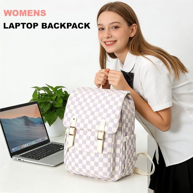 Women Laptop Backpack, Corduroy 15.6" Travel Backpack for Work College Business, Teacher Nurse Bag with Large Capacity School Bookbag Bags for Girls - Checkered Purple